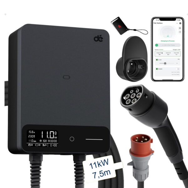 Sähköauton latausasema dé basic 11kW, Voimavirta, Type2-kaapeli, RFID